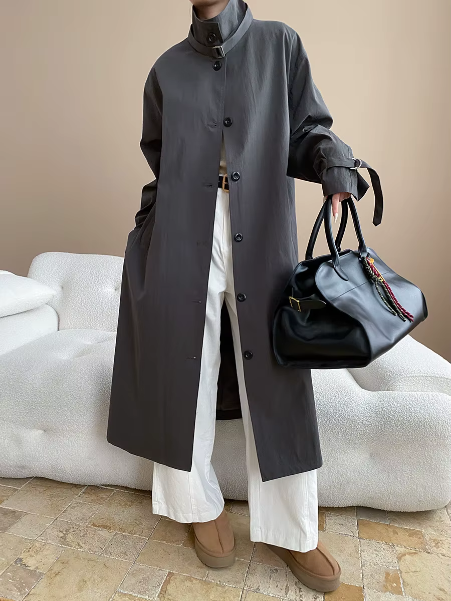 Manteau décontracté à col montant pour femmes, Silhouette délavée semblable au papier, manches longu