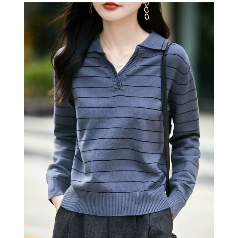 Pull à manches longues et col rayé de Style français pour femmes, pull à revers, nouveau Style 2025