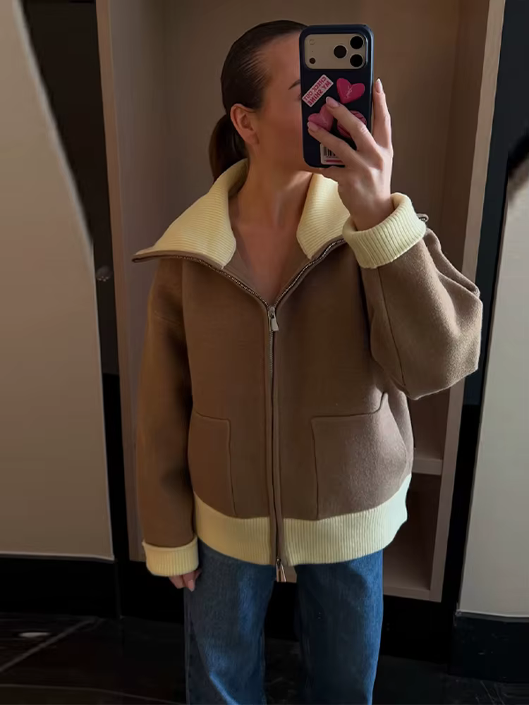 Cardigan zippé en maille à empiècements pour femme, élégant, col rabattu, manches longues, tricot am