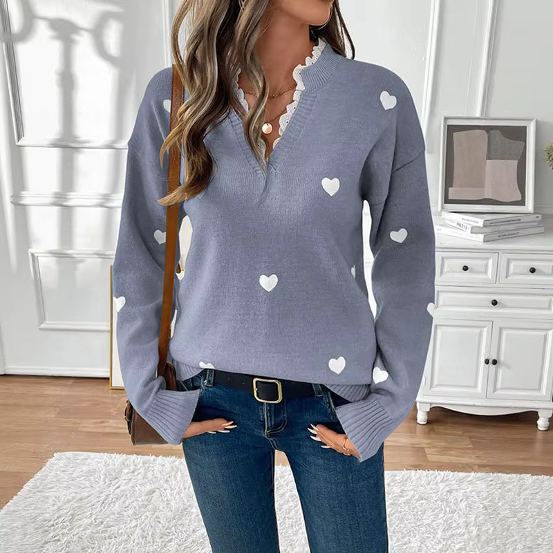 Pull en tricot à col en V avec dentelle épissée, nouvelle collection Automne/Hiver 2025