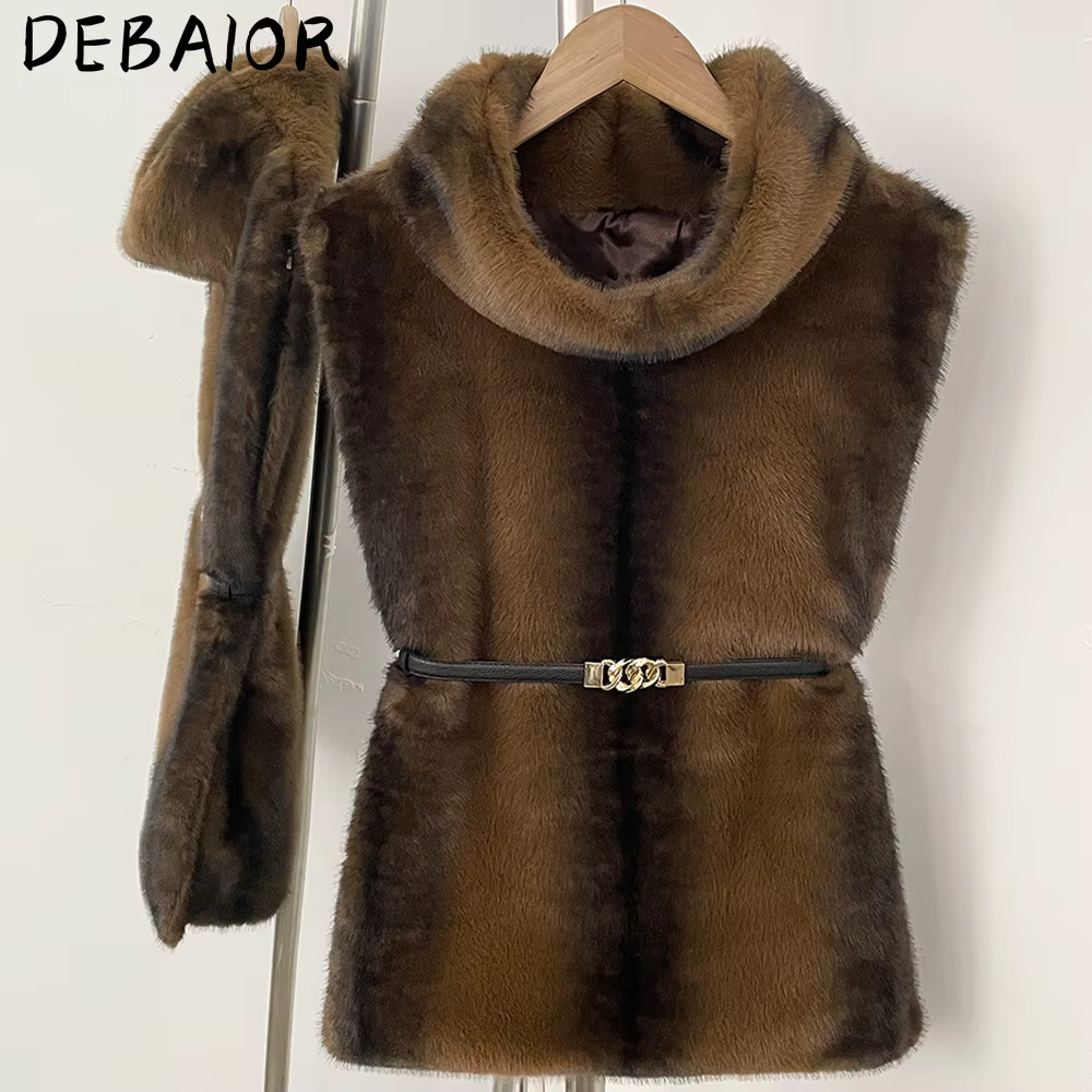 DEBAIOR Gilet en fausse fourrure de vison pour femme, col montant, sans manches, ceinturé, nouvelle