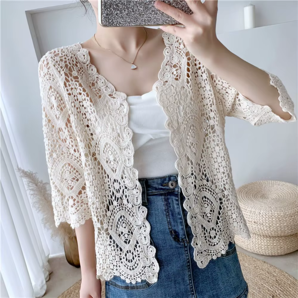 Cardigan en maille tricotée style bohème ajouré à manches 3/4, pull d'été en crochet