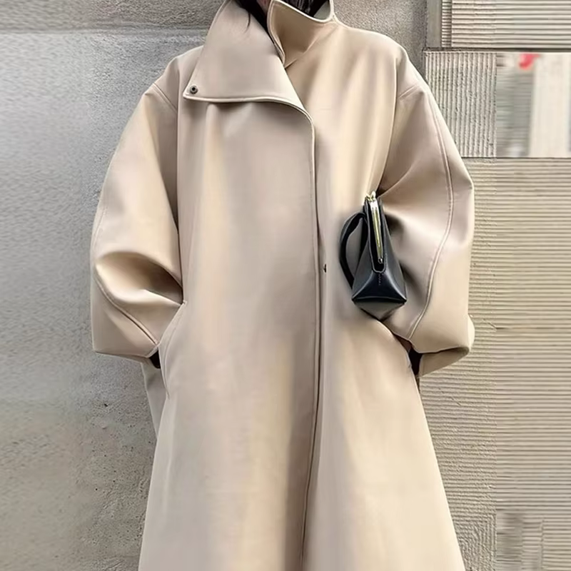 Trench-Coat Chic à col montant pour femme, manches bouffantes, couleur unie, simple boutonnage, pard