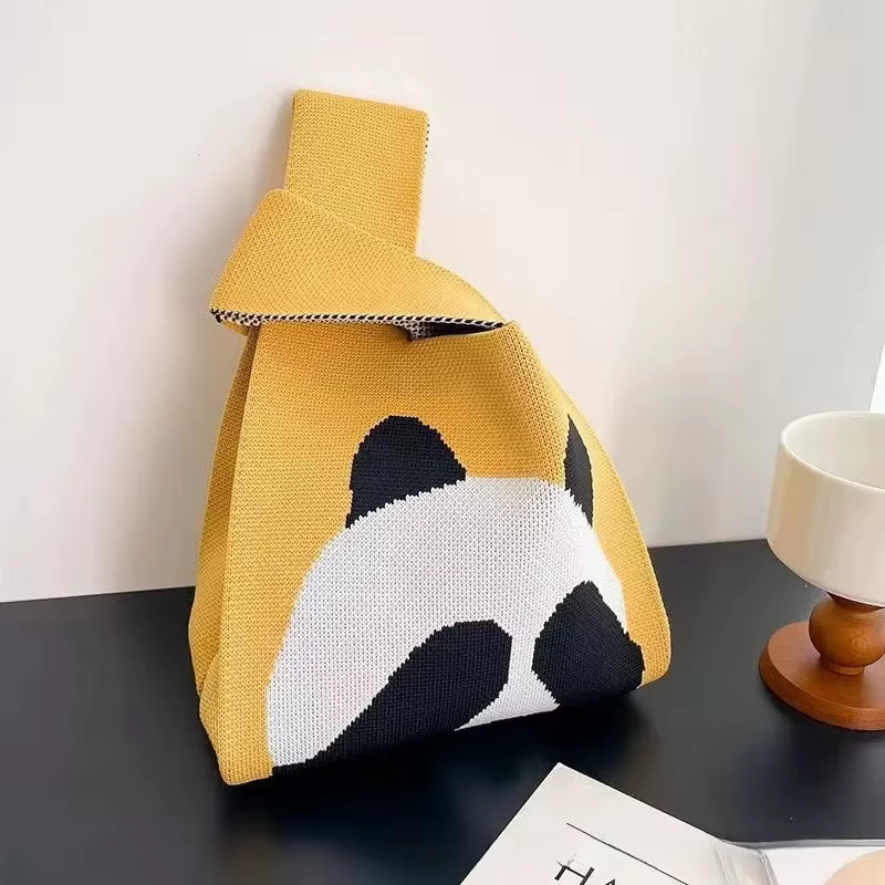 Sac à main en laine tricotée motif panda mignon, sac fourre-tout décontracté en polyester doux pour