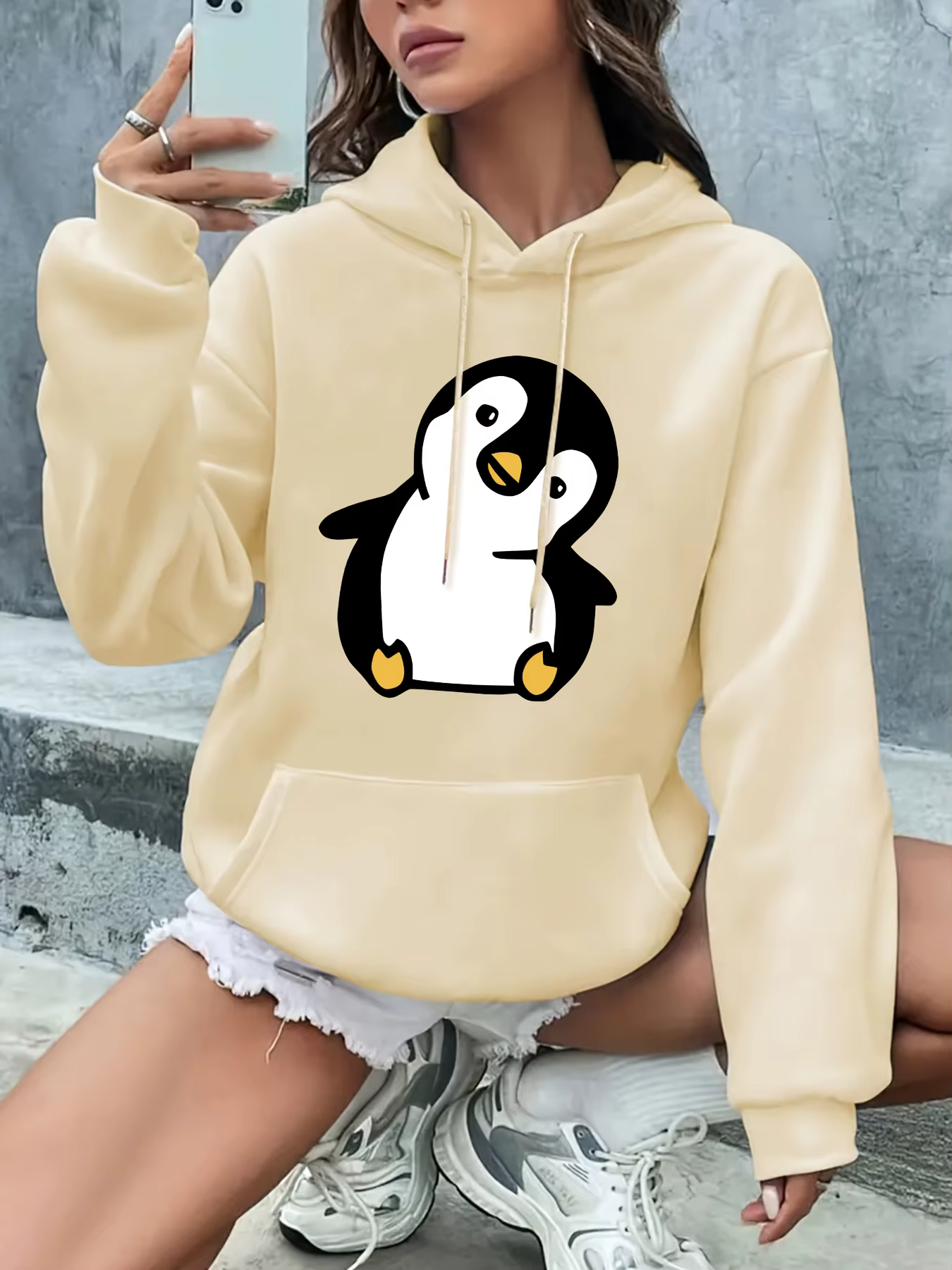 Sweat à capuche imprimé pingouin mignon pour femme, pull décontracté à manches longues, personnalité