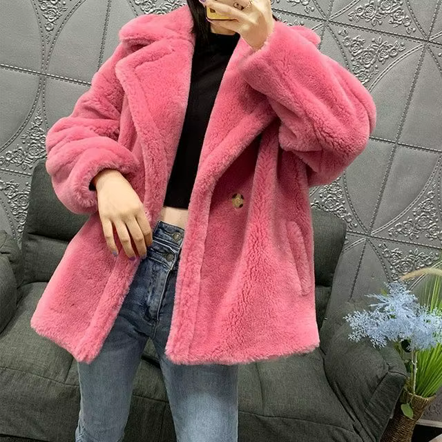 Manteau d'ours en peluche en fourrure d'agneau pour femmes, vestes d'hiver, vêtements optiques, chau