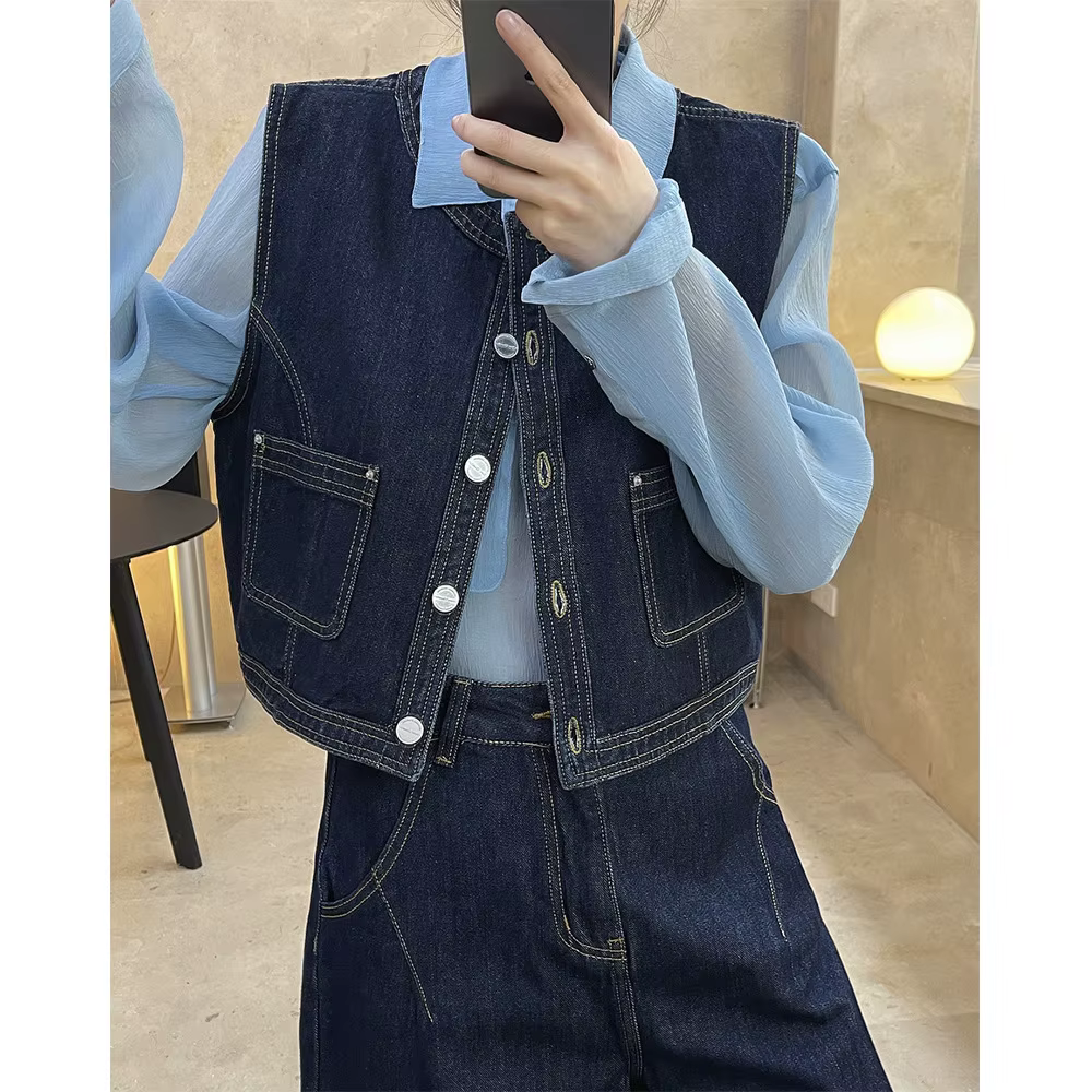 HanOrange 2026 – Nouvelle Collection Printemps : Gilet en Jean Femme Style Cowgirl, Sans Col, Court,