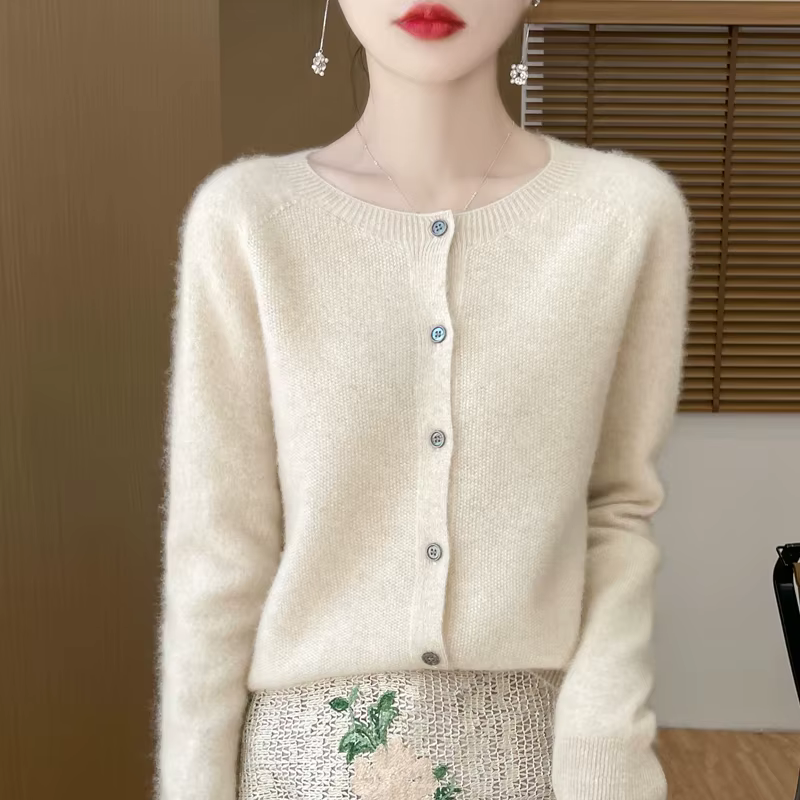Cardigan en laine mérinos pour femme, col rond, pull basique en tricot, haut en pure laine, veste dé