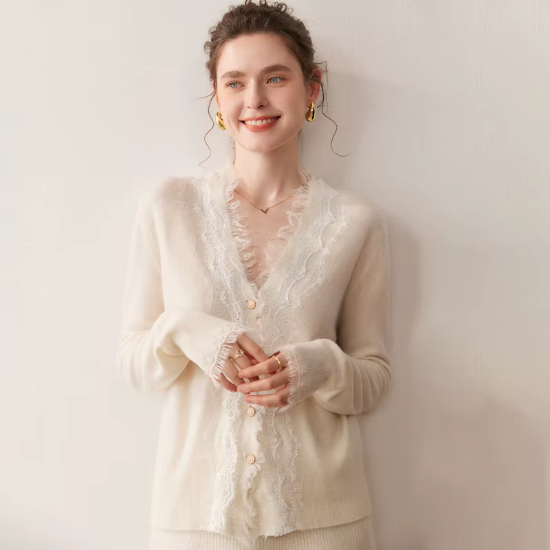 Cardigan en cachemire pur à 100 % pour femme, collection automne/hiver, pull décontracté en dentelle
