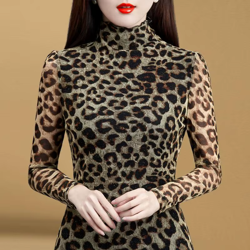 T-shirt à col roulé léopard vintage pour femmes, pulls à manches longues, vêtements de trajet minces