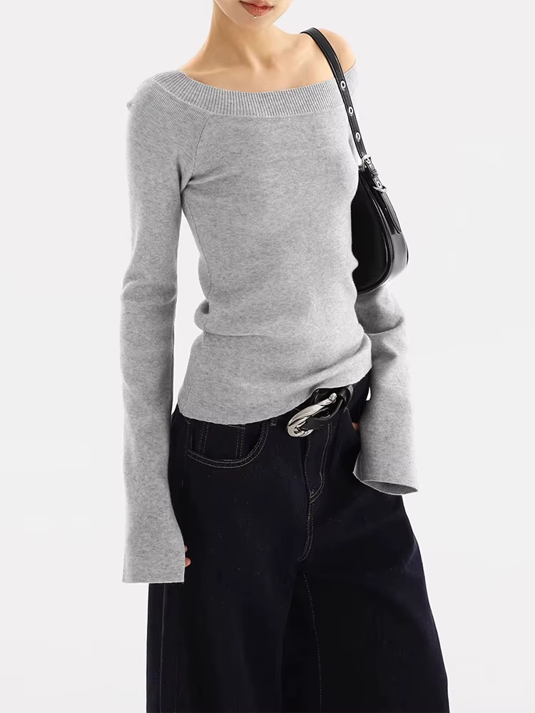 Pull à épaules dénudées pour femme, mode coréenne, couleur unie, manches longues, tricoté, décontrac