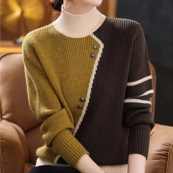 Pull Femme 2025 nouveau printemps automne femmes Pull col haut Femme tricoté hauts bouton épissure c