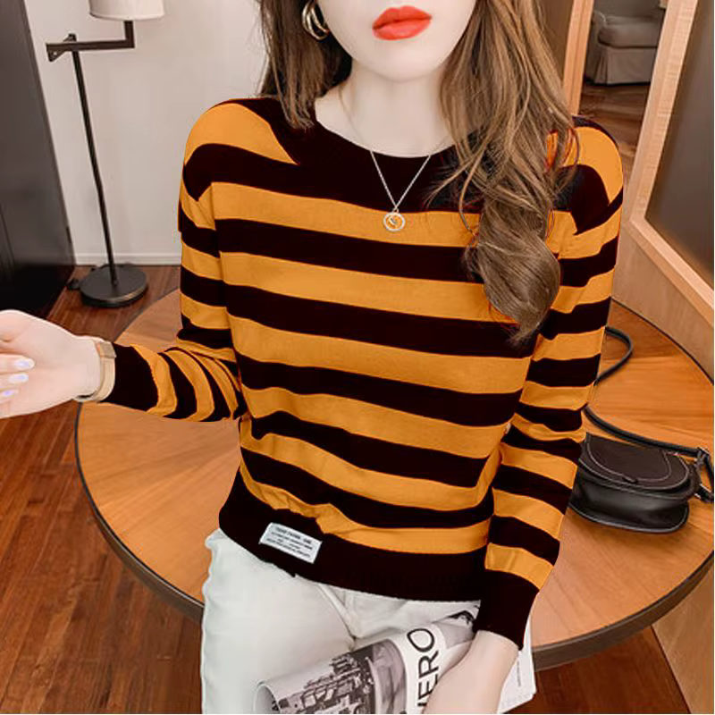 Pull à manches longues et col rond pour femme, tricot coréen à rayures, décontracté, automne et hive