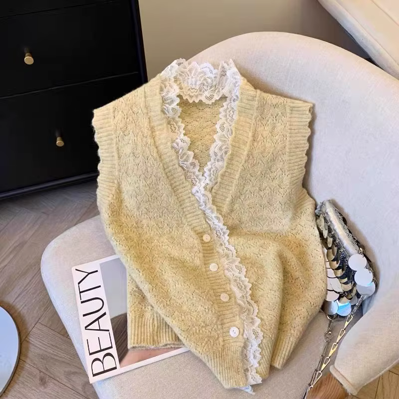 Vintage col en v dentelle Patchwork pull gilet 2026 début automne nouveau Cardigan tricoté Y2k col r