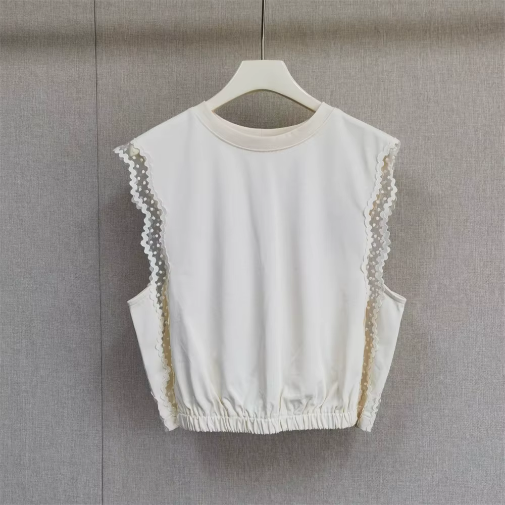 T-shirt sans manches en maille à bordure dentelle pour femme, col rond cintré, collection été 2026