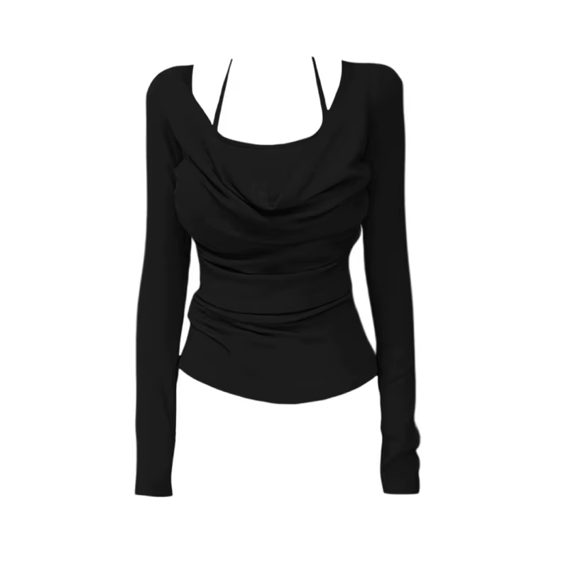 Faux T-shirt deux pièces plissé à manches longues et col licou pour femmes, petit haut à bascule, no