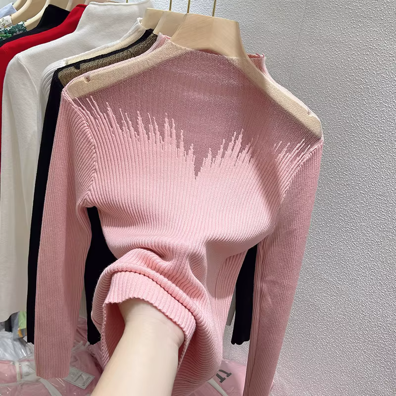 Pull rose européen pour femmes, col debout, Perspective Sexy, épissure en maille, bas tricoté, chemi
