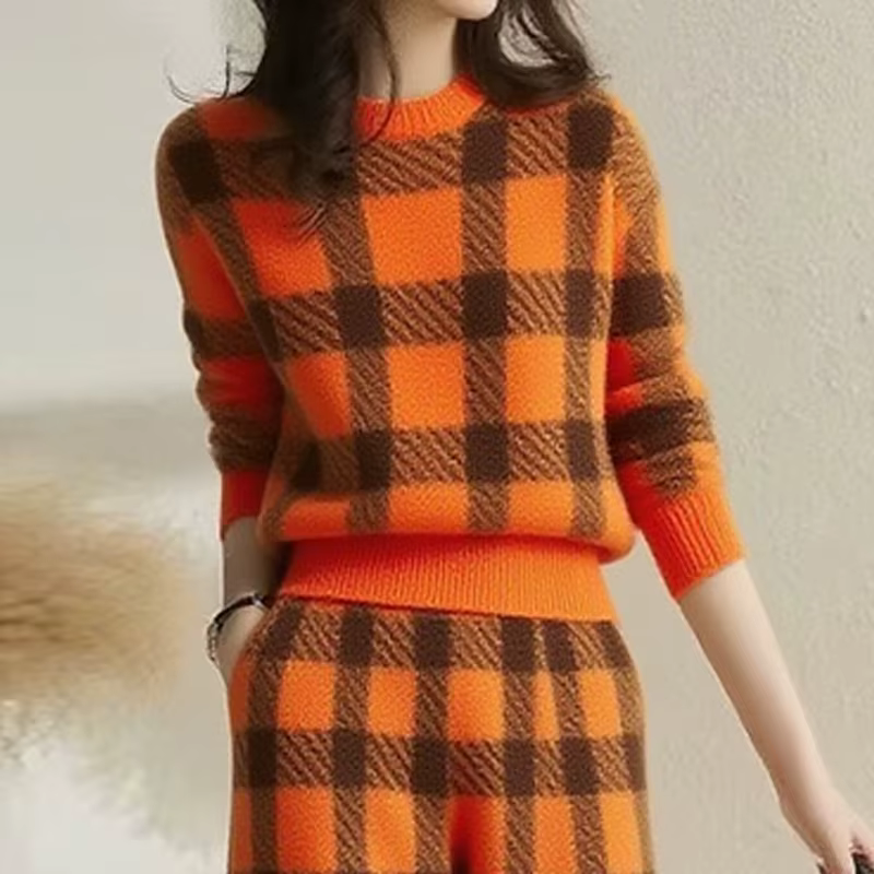 Modigirl femme contraste couleur chaud pull 2025 automne hiver manches longues Plaid col montant loi