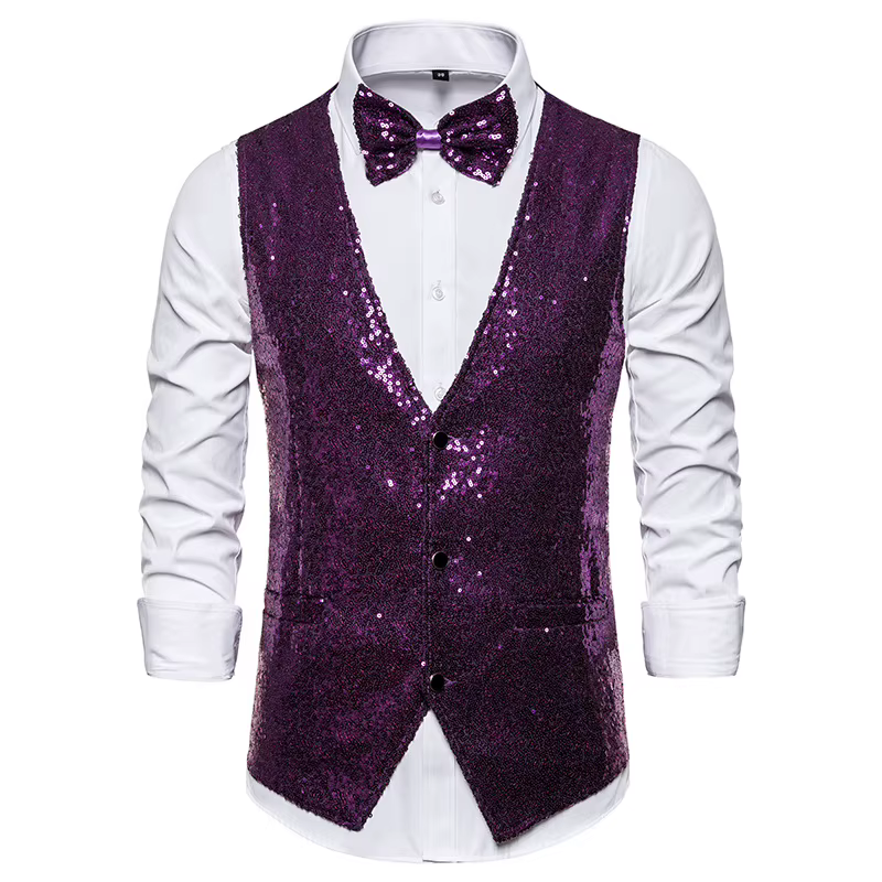 Gilet de luxe pour hommes, col en v, Slim, étincelant, solide, uni, ensemble avec nœud papillon, ves
