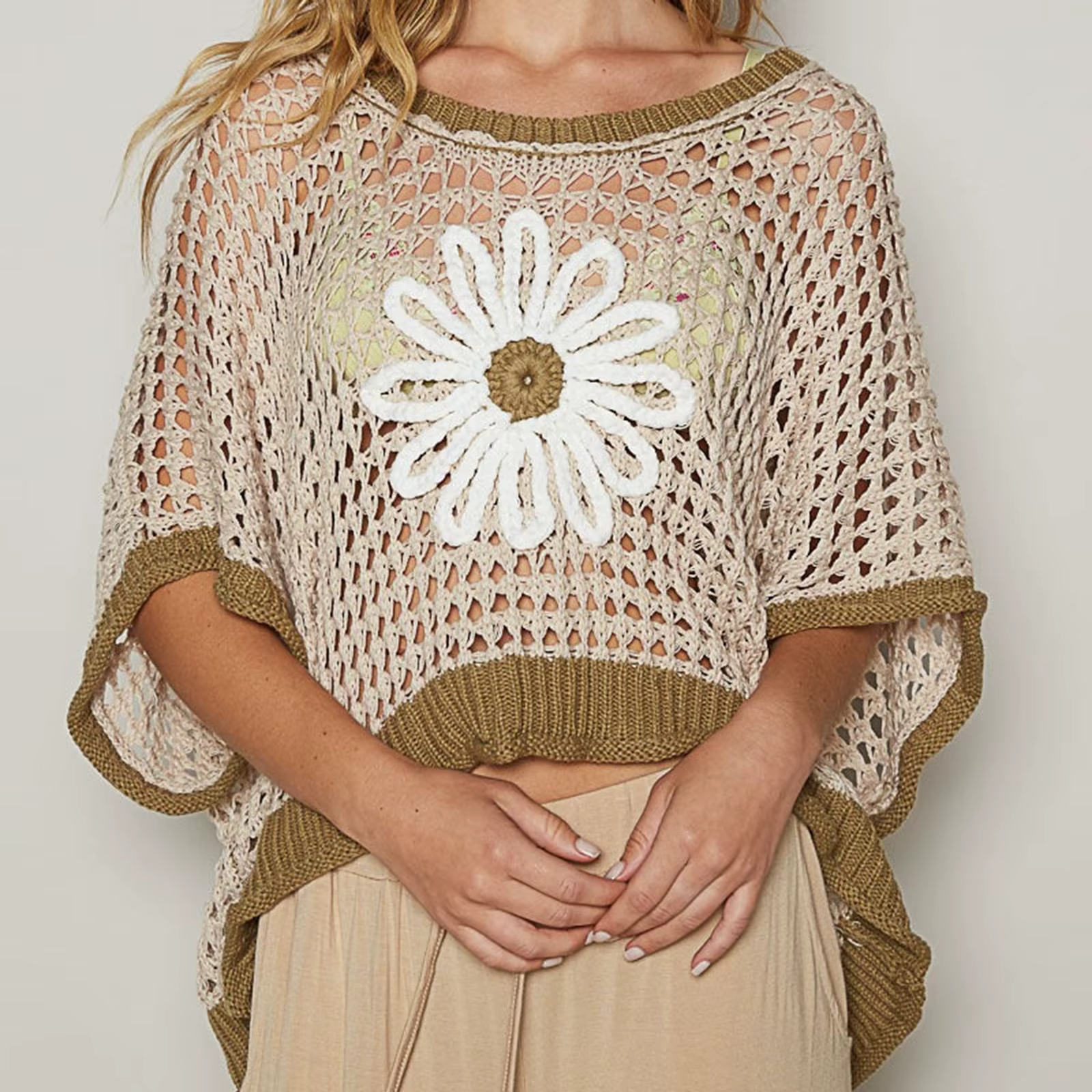 Hauts ajourés au Crochet pour femmes, demi-manches, col rond, broderie marguerite, chemises amples, 