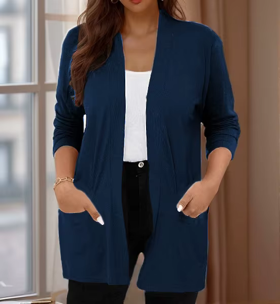 Cardigan élégant pour femme de grande taille, doté d'une couleur pure unique, manches longues, patte
