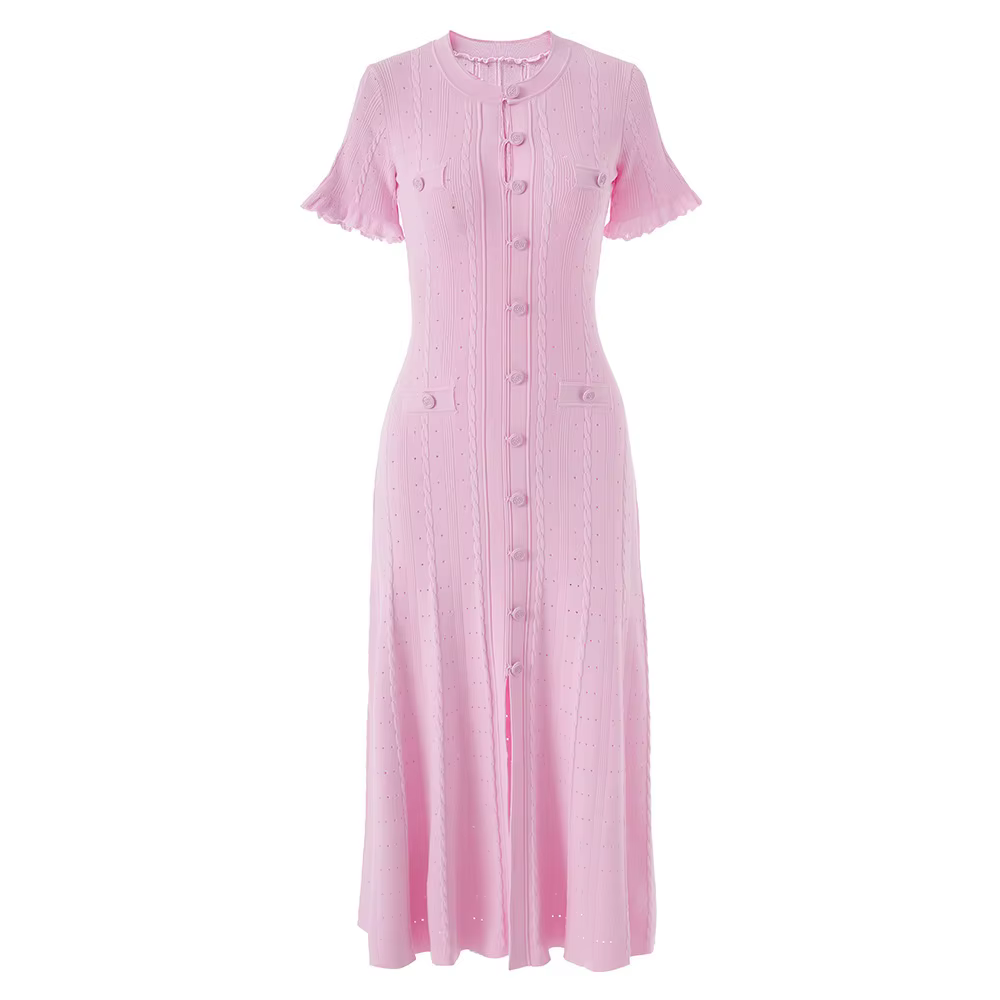 Robe midi élégante de style français à manches courtes en maille côtelée, taille haute, à bouton uni