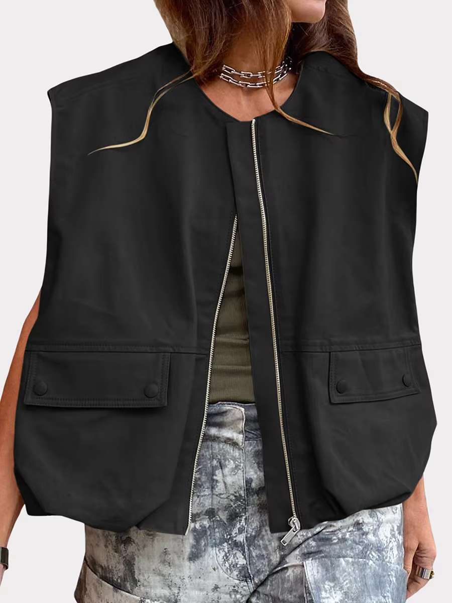 Gilets cargo à col rond pour femmes, gilet à fermeture éclair en fibre, poche féminine, streetwear d