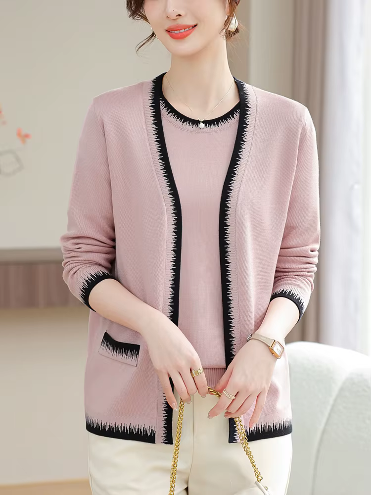 Pull à manches longues pour femme, ensemble 2 pièces, t-shirt et cardigan creux, haute qualité, véri