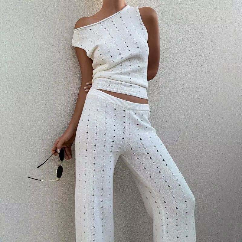 Gilet sans manches, pantalon décontracté, vent de plage tricoté, tempérament creux, costume pour fem