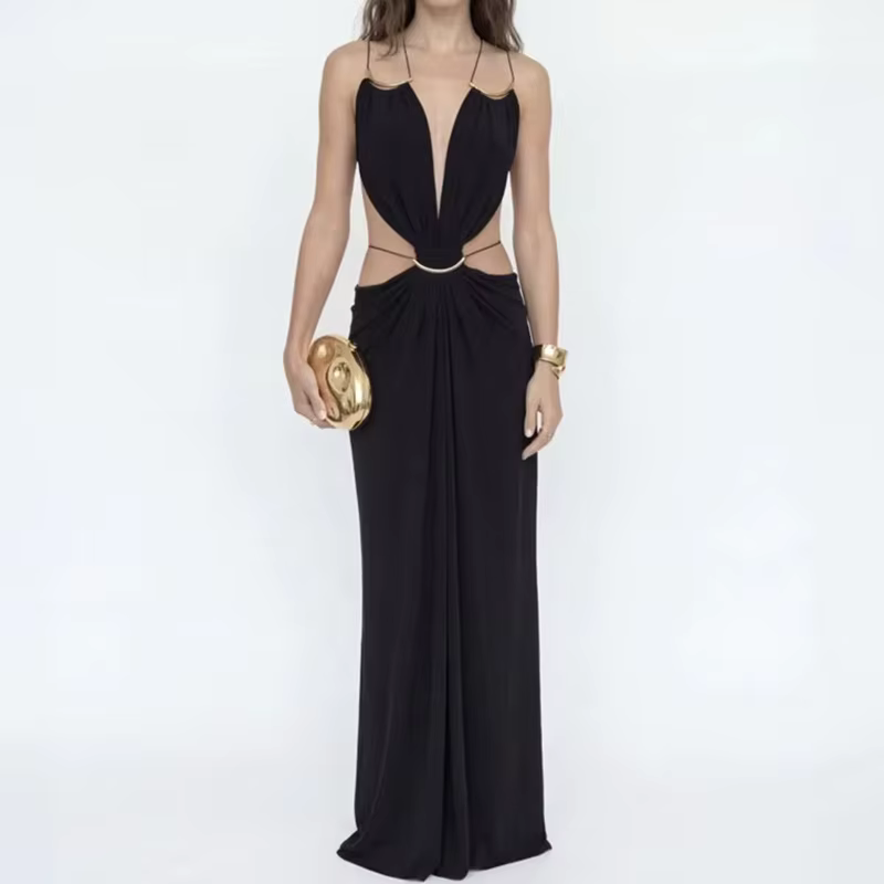 Robe de soirée élégante à col en V, robe longue chic et simple sans manches pour femme, robe patchwo