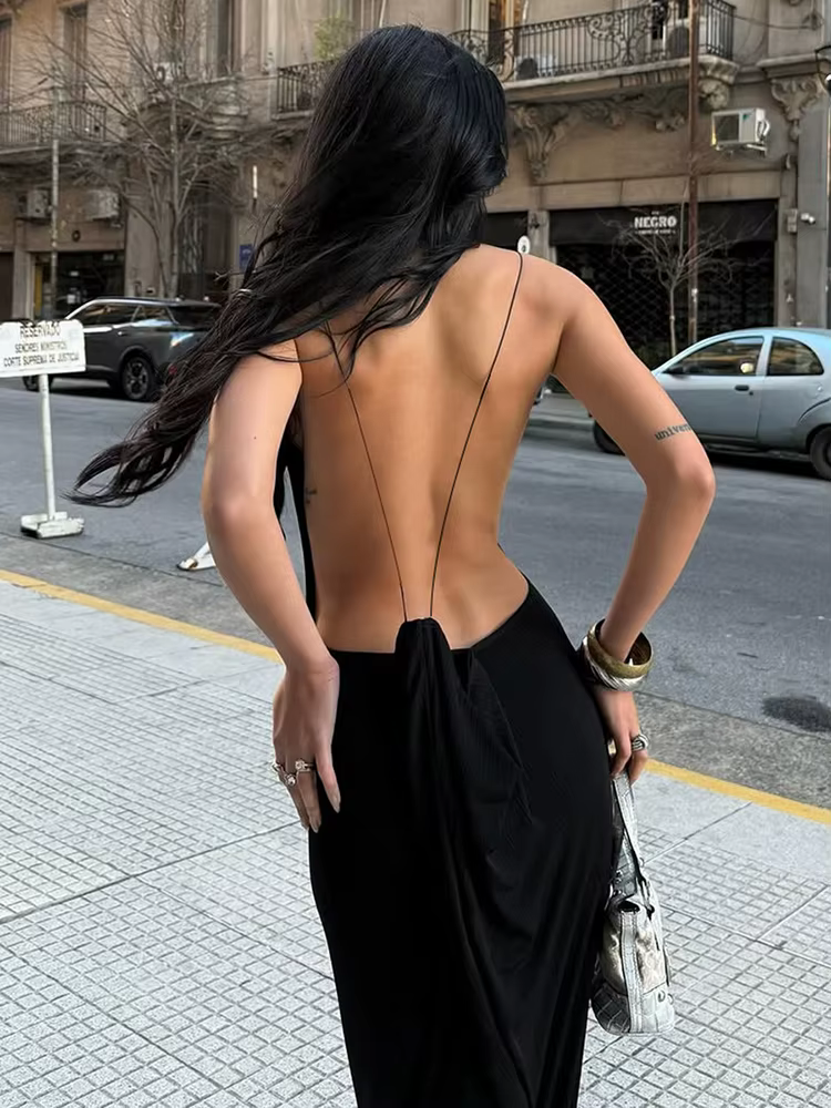 Sisterlinda Sexy croix dos nu robe femmes tendance métal Cube sans manches col bas Coquette minuit f
