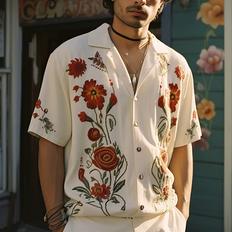 Chemise homme cocotier palmier Hawaii vacances fête décontracté été manches courtes poche col chemis