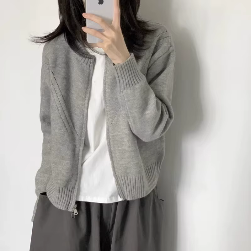 Cardigan en cachemire gris vintage pour femme, pull court ample, manteau en laine, fermeture éclair,