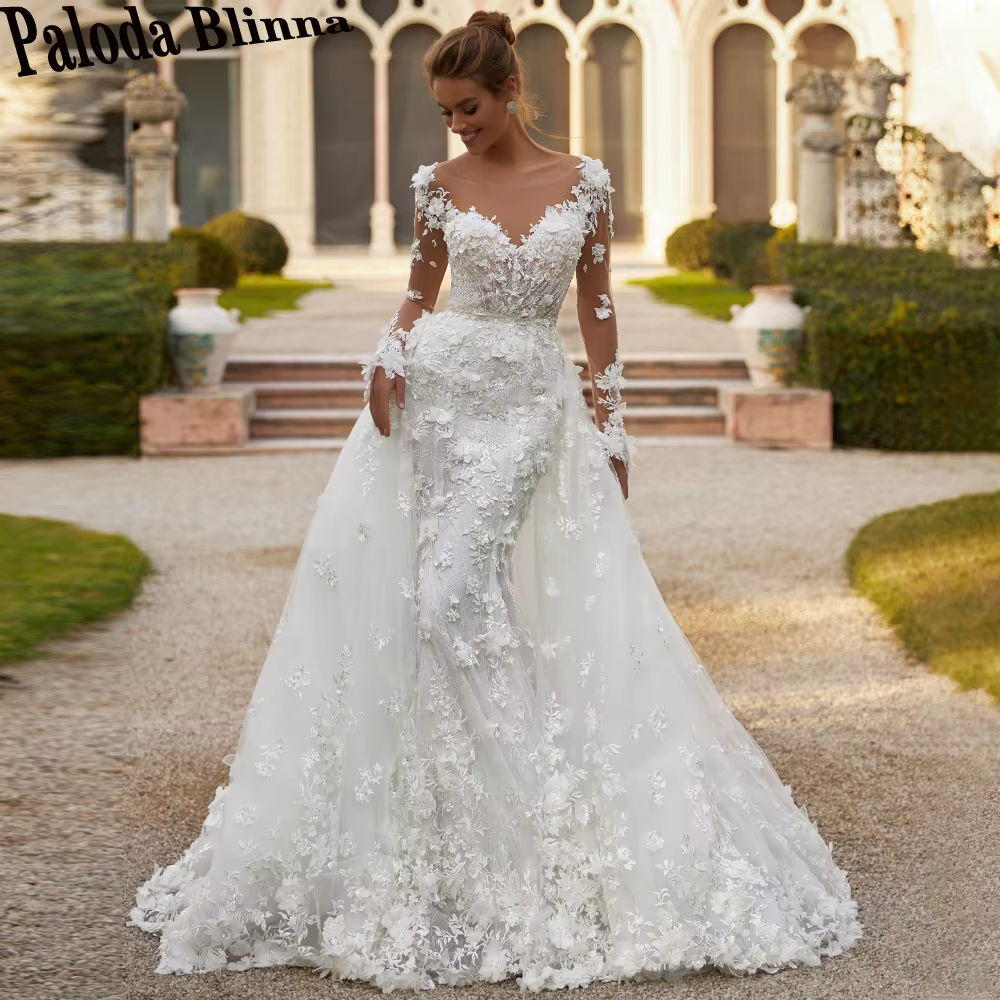 Paloda luxueux col bateau robe De mariée pour les femmes mariée manches longues détachable Train sir