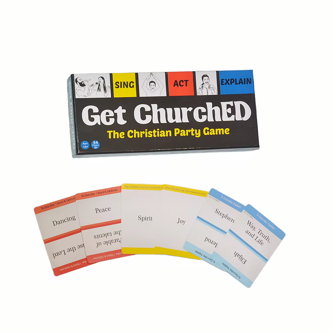 Jeu de cartes « Get Churched », jeu de société, jeu interactif, comprend 3 types de gameplay, adapté