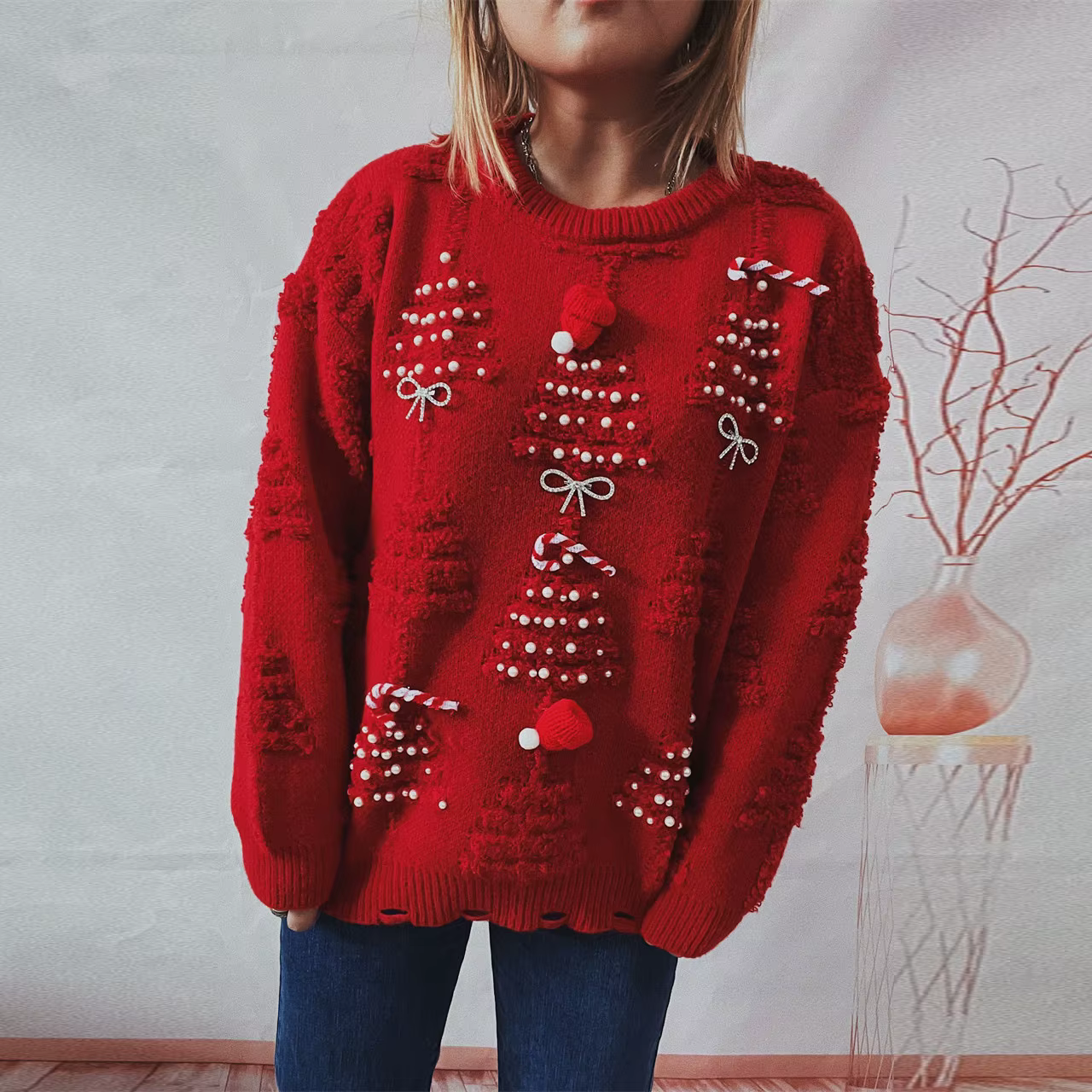 Pull sur le thème de noël en perles fait à la main, avec décoration 3D, pull de vacances du nouvel a