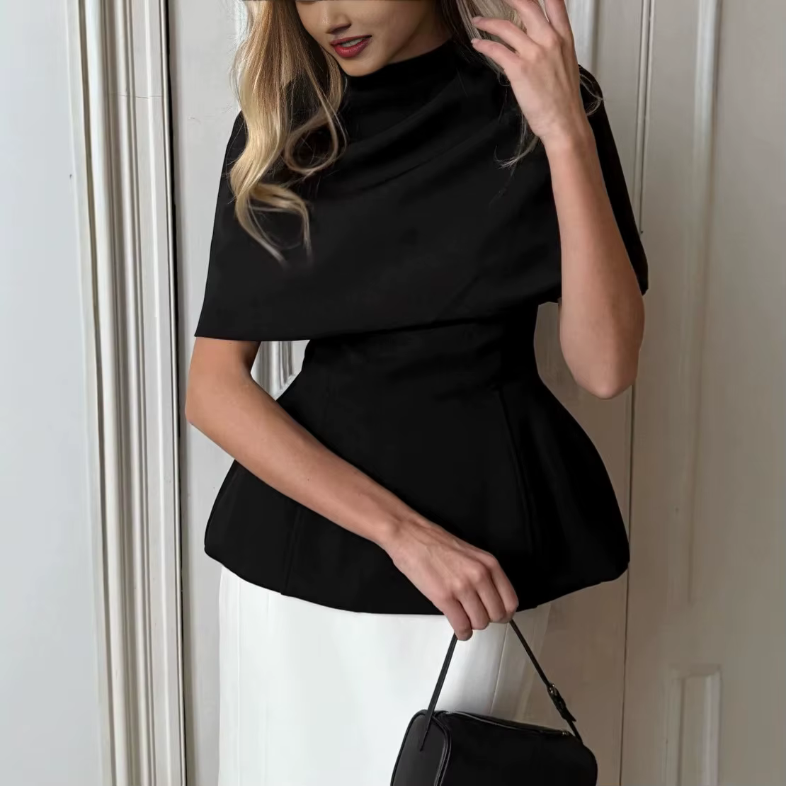 Ensemble deux pièces élégant noir pour femme, style châle français, collection été 2026, veste et gi