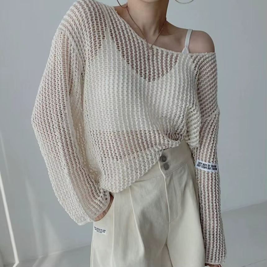 Pulls évidés pour femmes, vêtements à col rond baggy, streetwear transparent, décontracté, simple, é