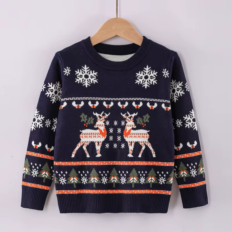 Pull pour enfants, tricot décontracté, hauts tricotés d'élan, manches longues, col rond, chaud, pull