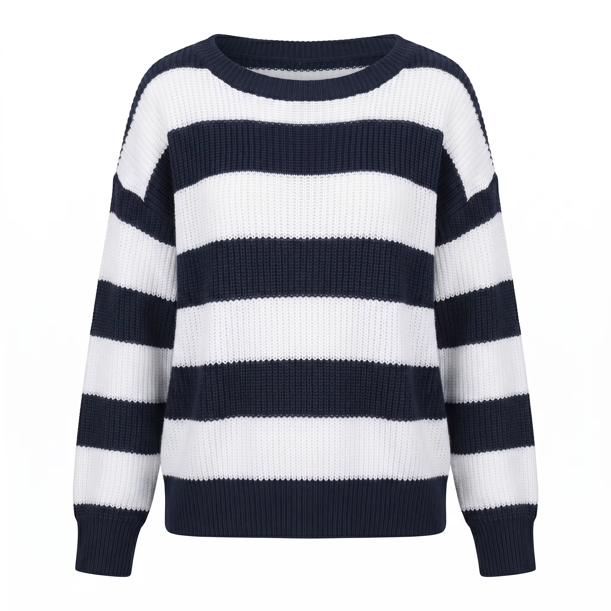 Pull en tricot rayé bleu marine et blanc pour femme, manches longues, col rond, coupe ample, décontr