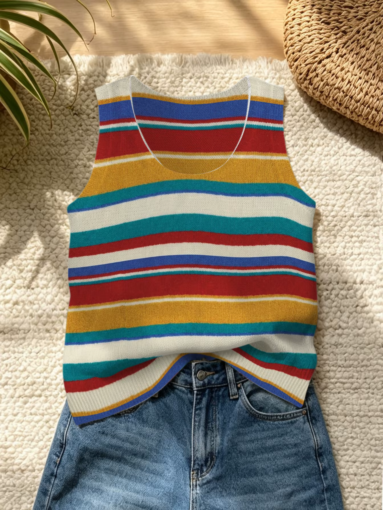 Gilet en tricot rayé color-block vintage pour femme, tenue décontractée d'été pour l'extérieur, styl