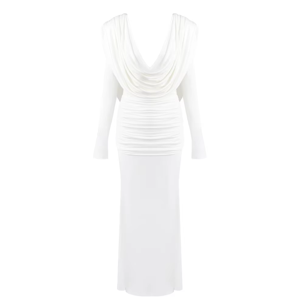 Robe longue marron élégante pour femmes, manches longues, col suspendu, idéale pour les événements f
