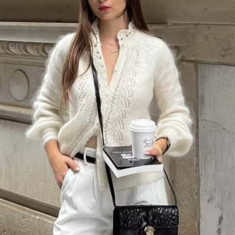Cardigan blanc en dentelle creuse pour femme, pull ample, élégant, nouveau, bureau, basique, automne