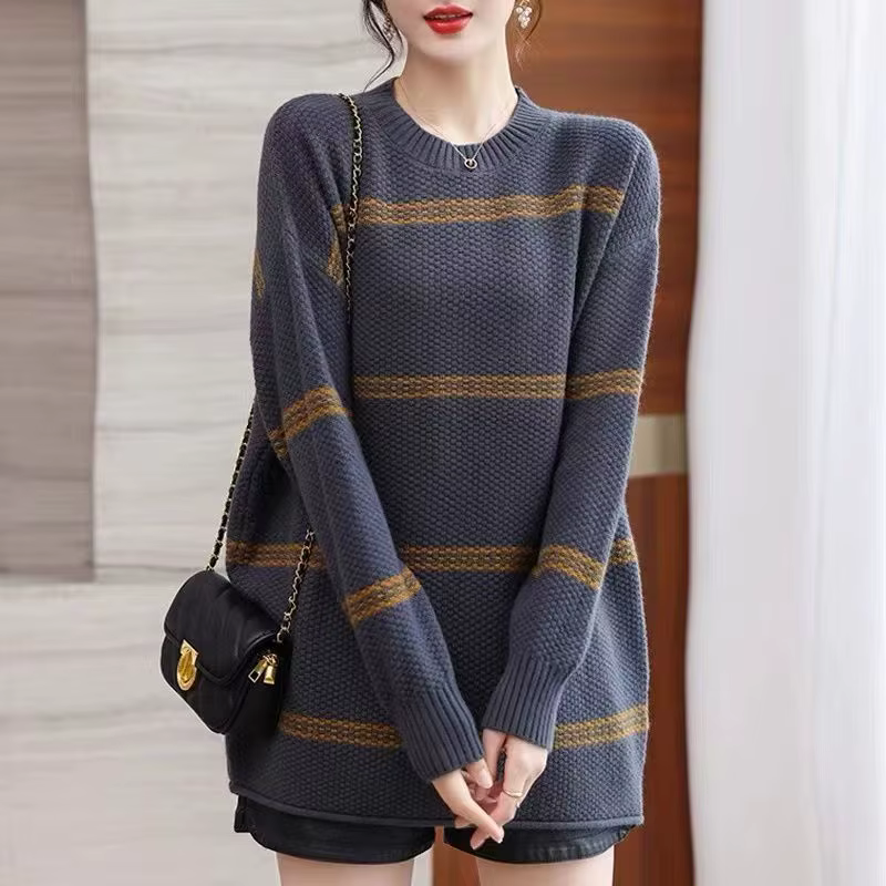 Pulls tricotés à col rond et rayures pour femmes, nouvelle collection printemps-automne, coupe ample