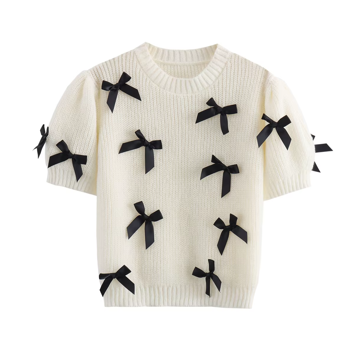 Pull court de couleur unie pour femme, col rond, détail avec nœud, haut tricoté, Style occidental, t