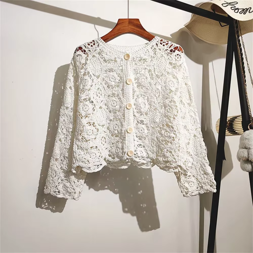 Cardigan en coton et dentelle pour femme, petit châle, col rond, manches longues, couleur unie, déco