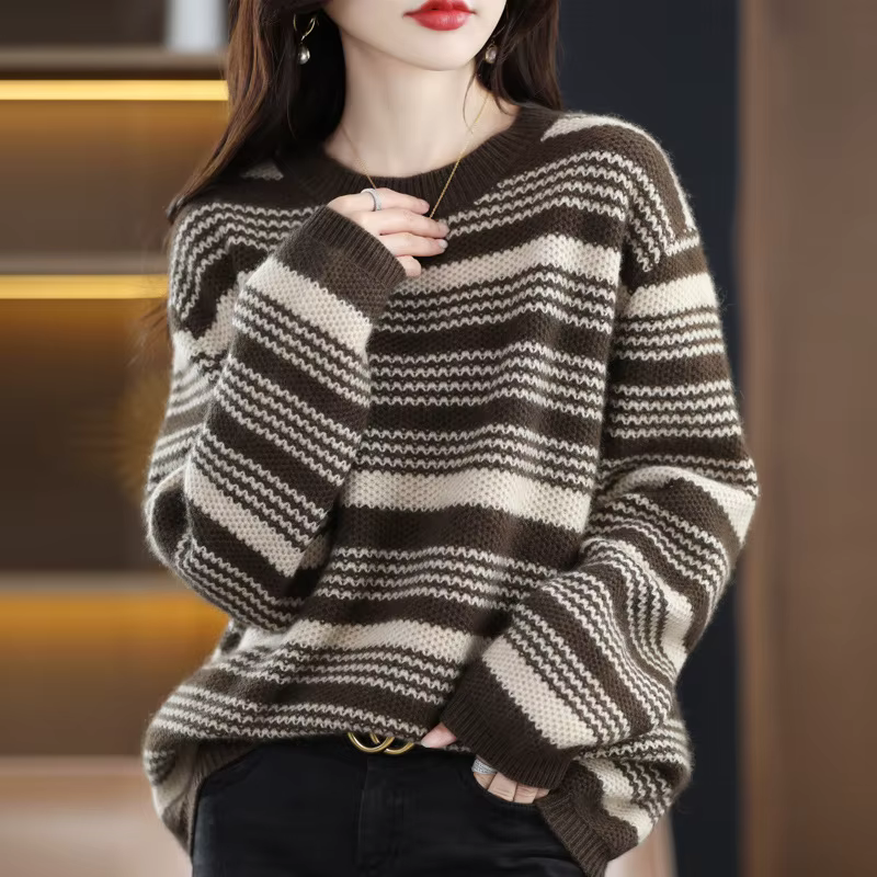 Mode nouveau Pull 2025 ample printemps automne col rond femmes rayure à manches longues haut tricoté