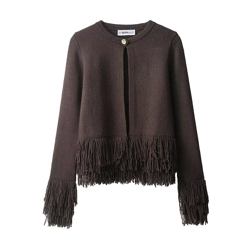 HH femmes mode automne pull manteaux solide col rond manches longues gland décoration bouton femme d