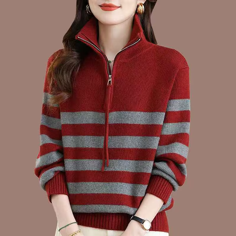 Pull en laine fine épaisse pour femme, col roulé, demi-zip, rayures, tricot décontracté, automne-hiv