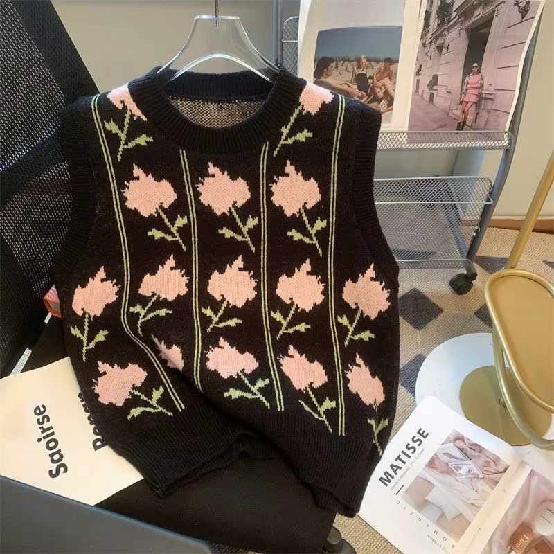 Pull à fleurs gilet femmes automne hiver vêtements coréen pull col rond ample Vintage gilet 2025 Rop